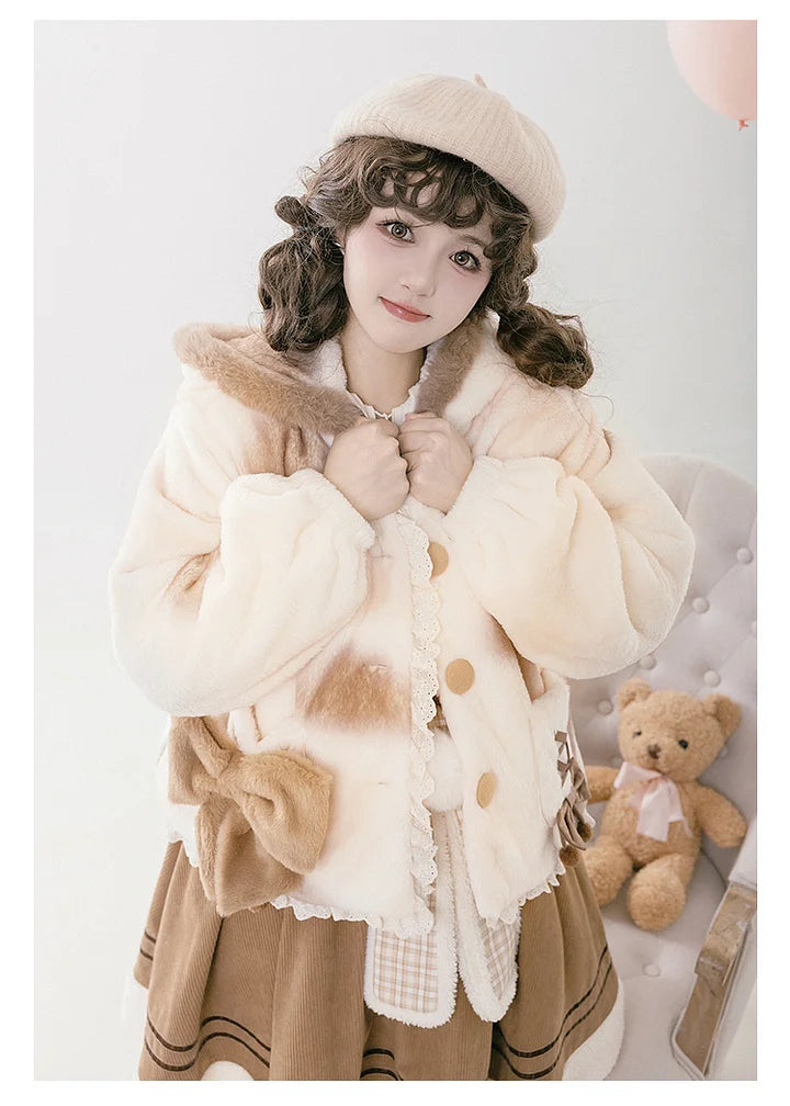 Cute Plush Hooded Jacket Bear Ear Print Plush Jacket Warm Lolita Winter Lolita Coats