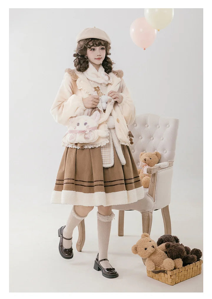 Cute Plush Hooded Jacket Bear Ear Print Plush Jacket Warm Lolita Winter Lolita Coats