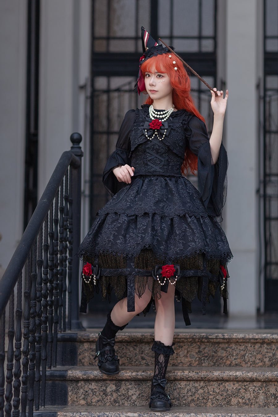 Gothic Lolita Dark Black Long Princess Sleeve Lace Dresses for Halloween