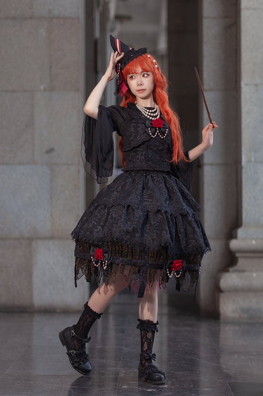 Gothic Lolita Dark Black Long Princess Sleeve Lace Dresses for Halloween