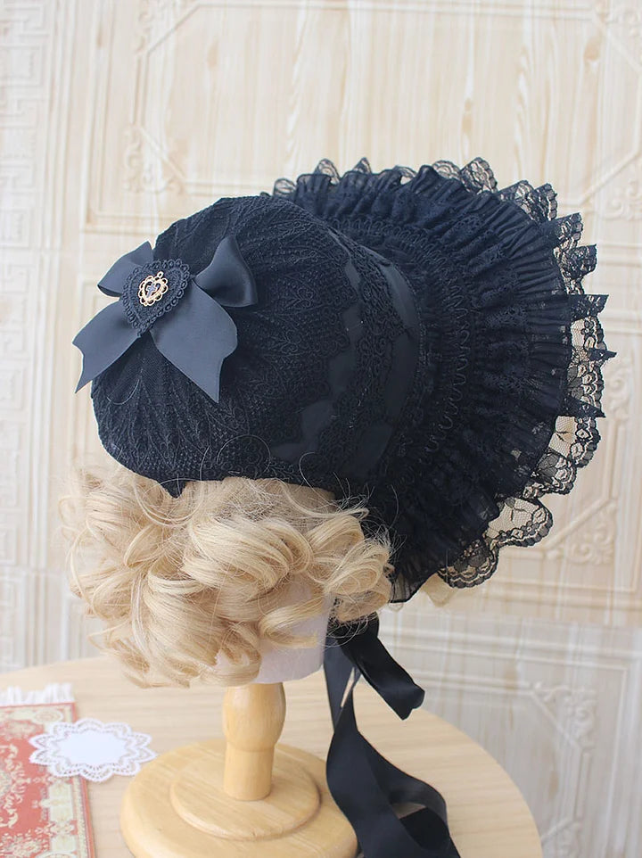 Dark Gothic Bonnet Hat Lace Bow White Pastoral Cute Lolita Headwear Accessories