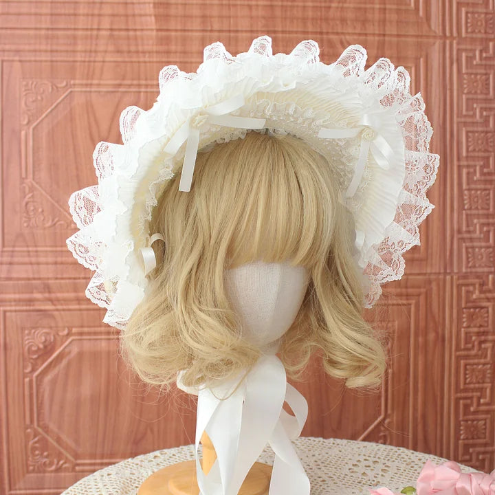 Dark Gothic Bonnet Hat Lace Bow White Pastoral Cute Lolita Headwear Accessories