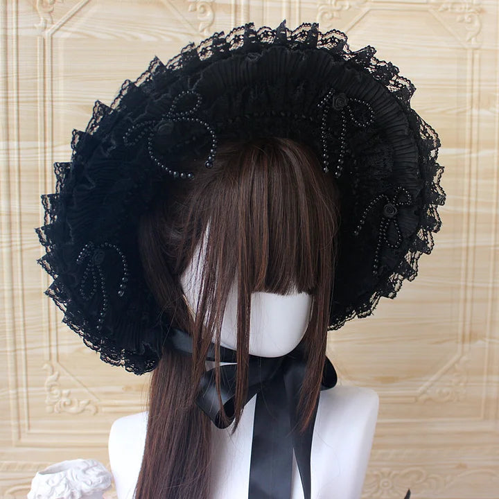 Dark Gothic Bonnet Hat Lace Bow White Pastoral Cute Lolita Headwear Accessories