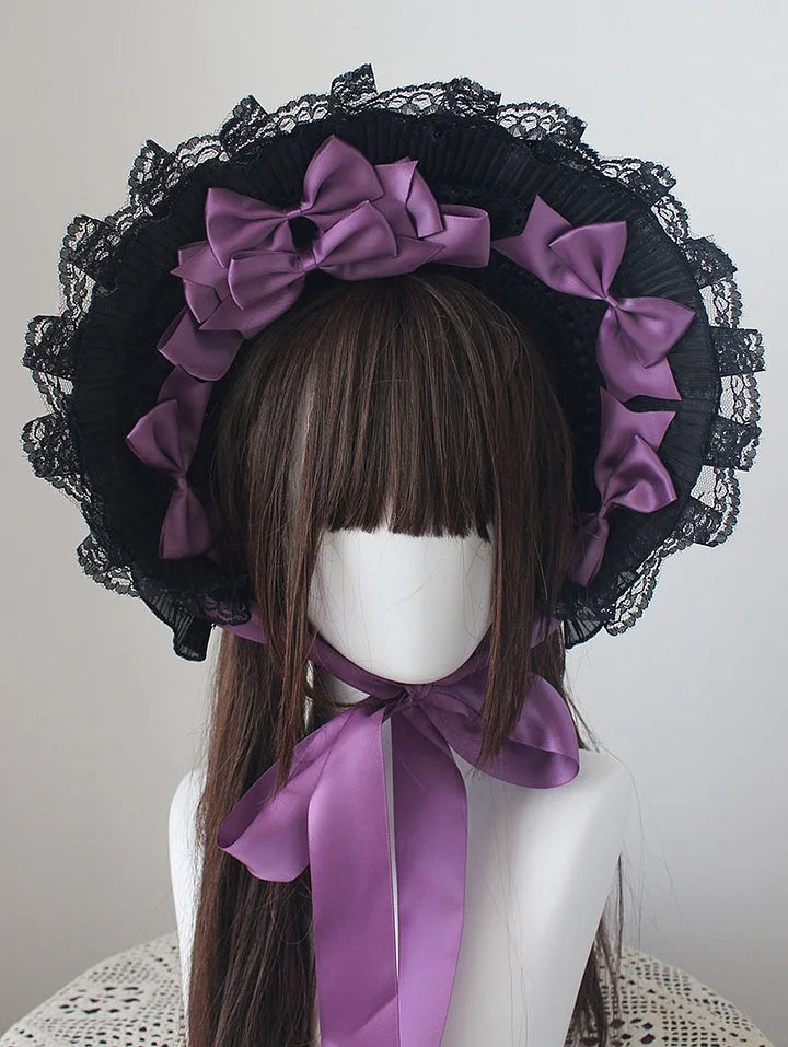 Dark Gothic Bonnet Hat Lace Bow White Pastoral Cute Lolita Headwear Accessories