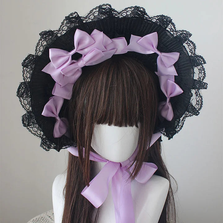 Dark Gothic Bonnet Hat Lace Bow White Pastoral Cute Lolita Headwear Accessories