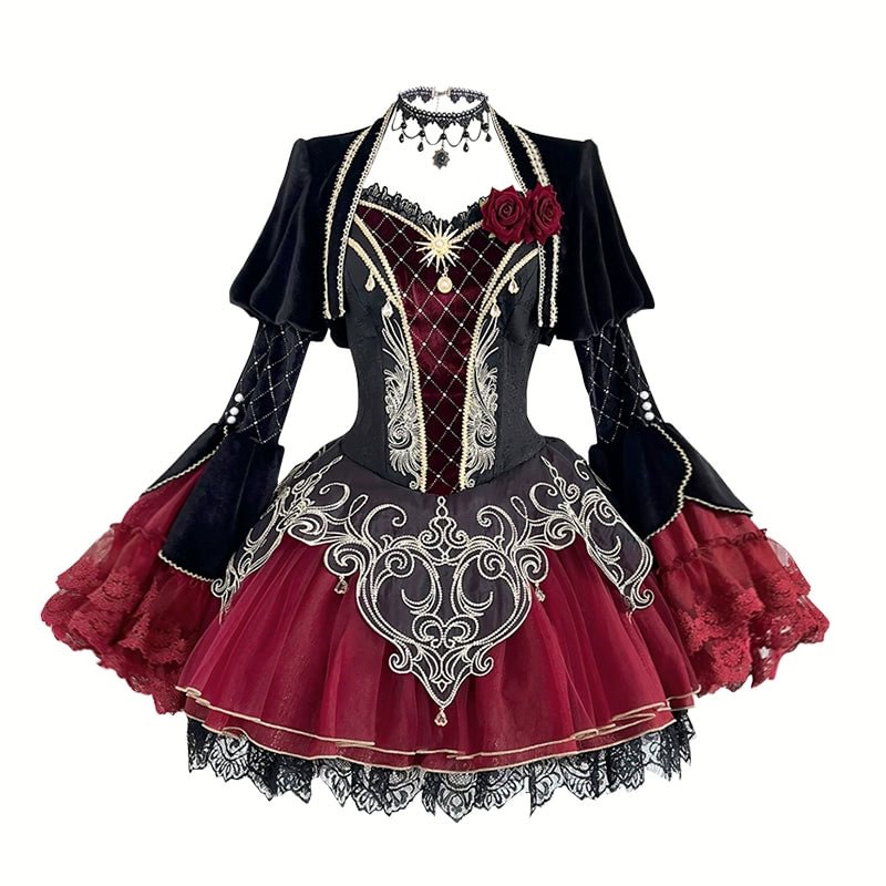 Gothic Lolita Rose Carf Skirt Black and Red Vampire Shoulder Straps Dress Bell Sleeves Bolero