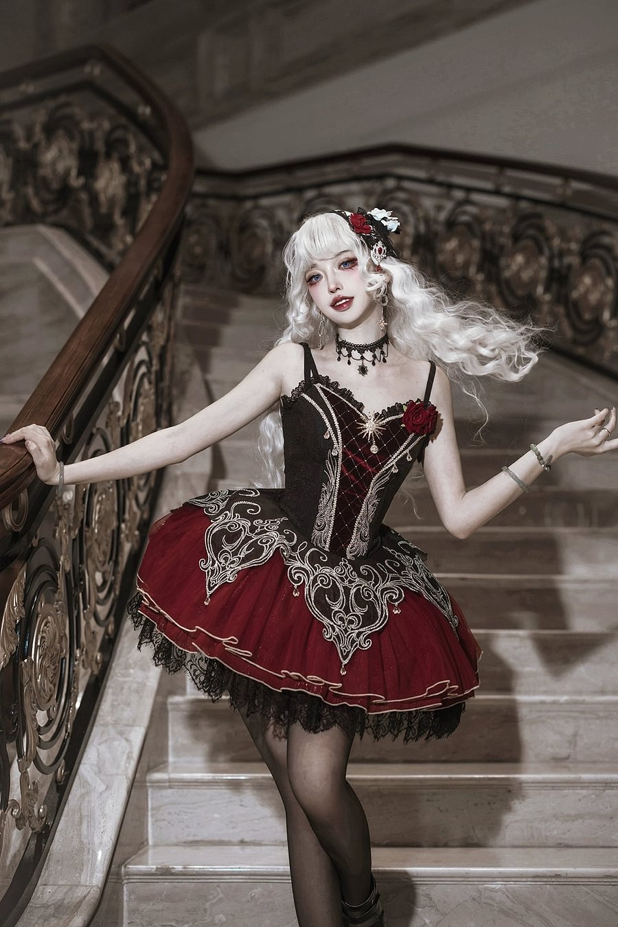 Gothic Lolita Rose Carf Skirt Black and Red Vampire Shoulder Straps Dress Bell Sleeves Bolero