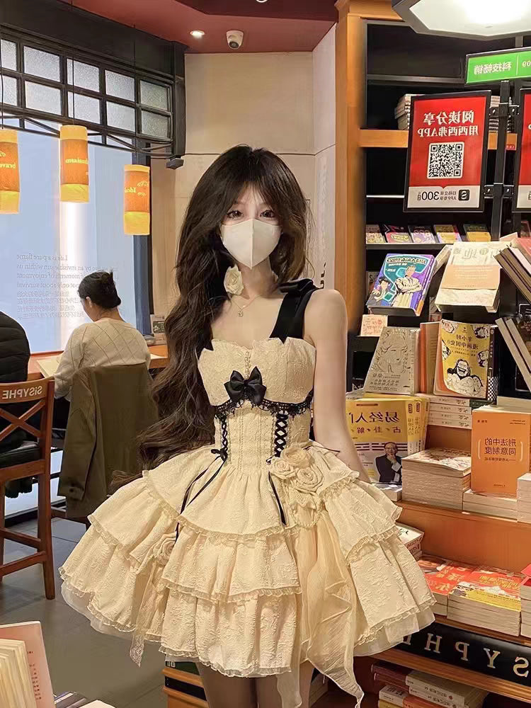 Hime Lolita Pink Blue Flower Suspender Dress Ballet Puffy Dress Lolita