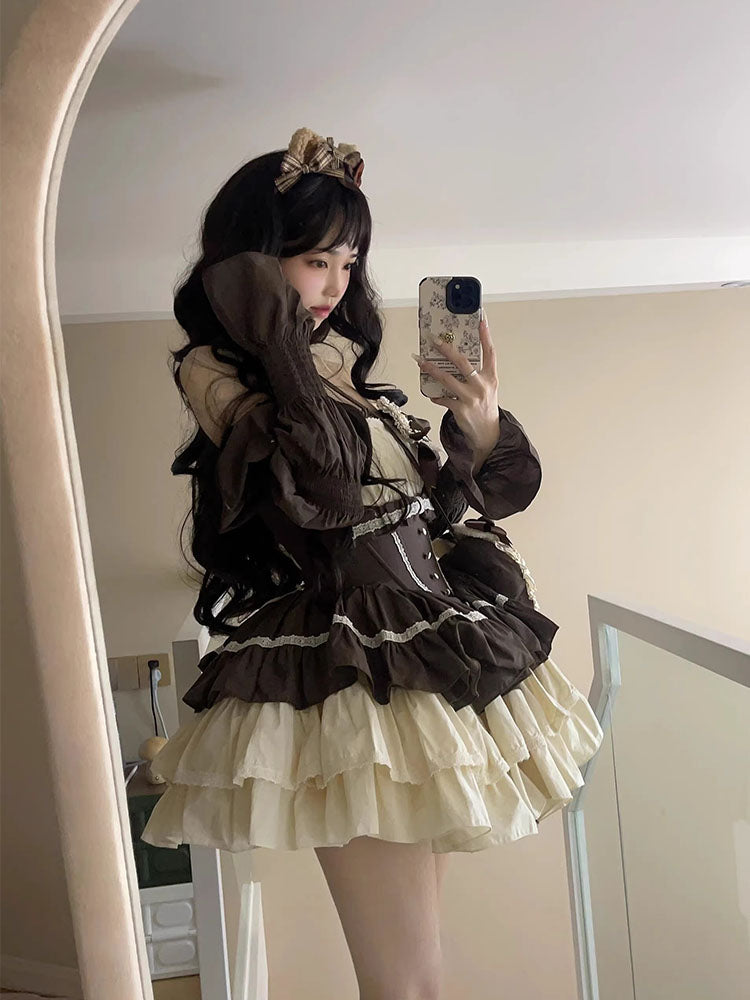 French Sweet Lolita Bubble JSK Sleeve Fungus Edge Lolita Tutu Female Ballet Waist Long Sleeve Princess Dress