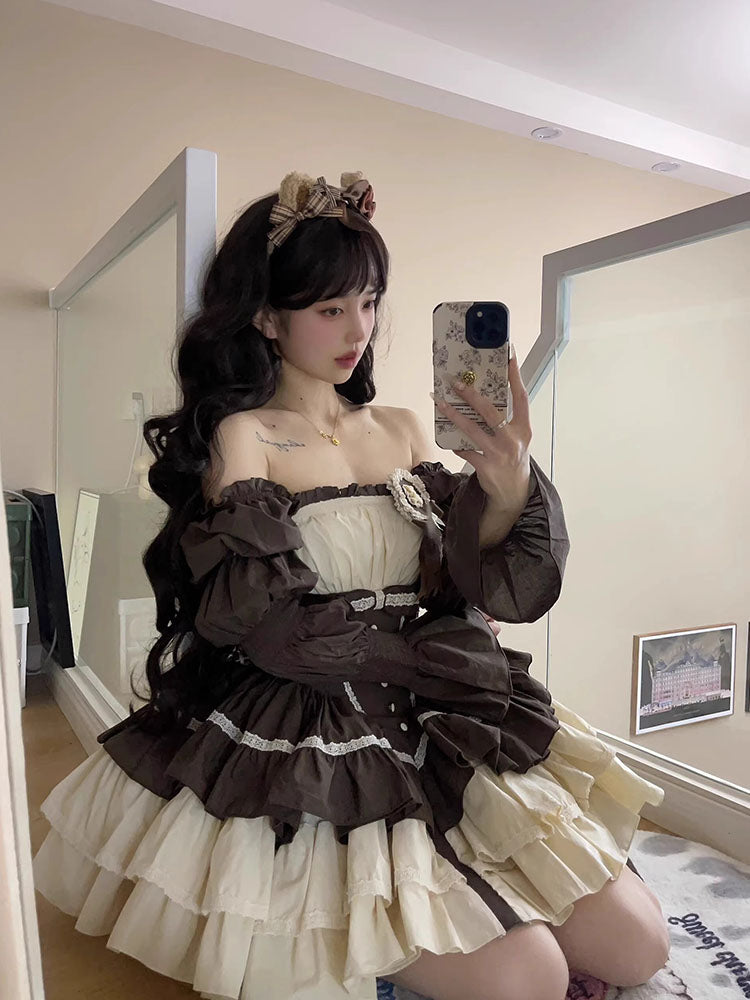 French Sweet Lolita Bubble JSK Sleeve Fungus Edge Lolita Tutu Female Ballet Waist Long Sleeve Princess Dress