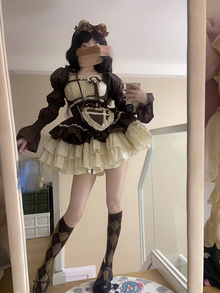 French Sweet Lolita Bubble JSK Sleeve Fungus Edge Lolita Tutu Female Ballet Waist Long Sleeve Princess Dress