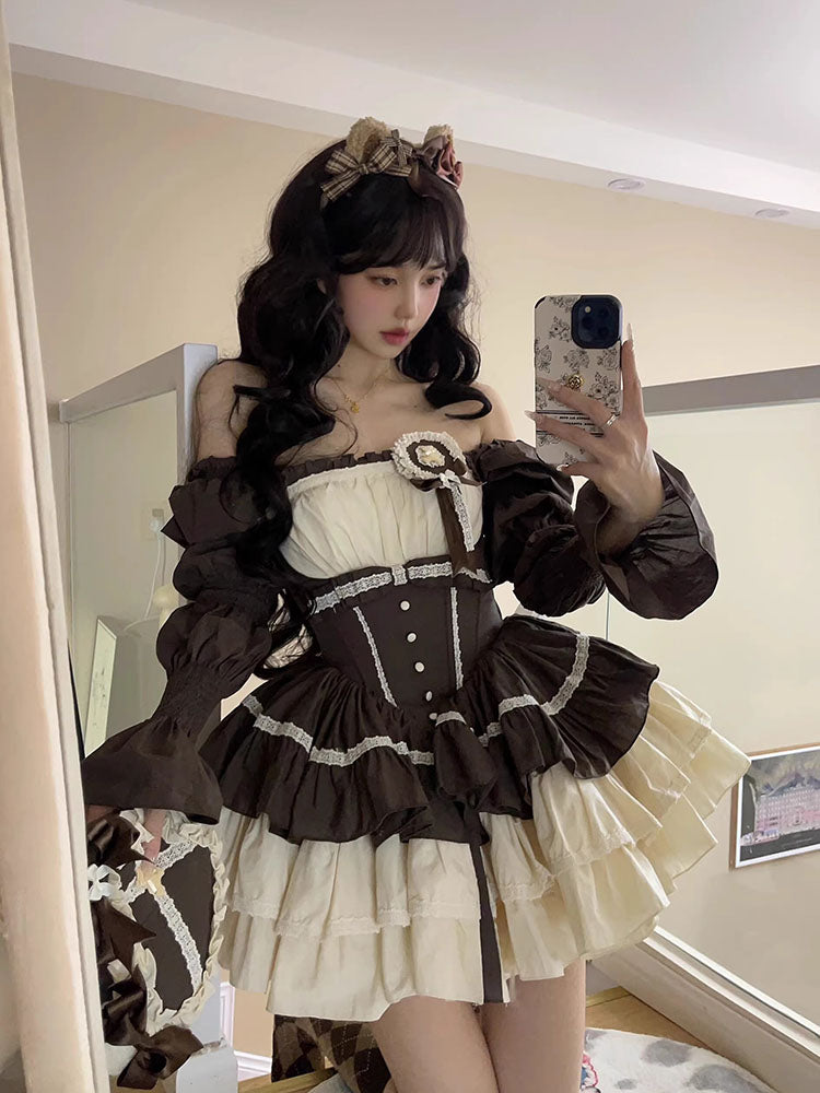 French Sweet Lolita Bubble JSK Sleeve Fungus Edge Lolita Tutu Female Ballet Waist Long Sleeve Princess Dress