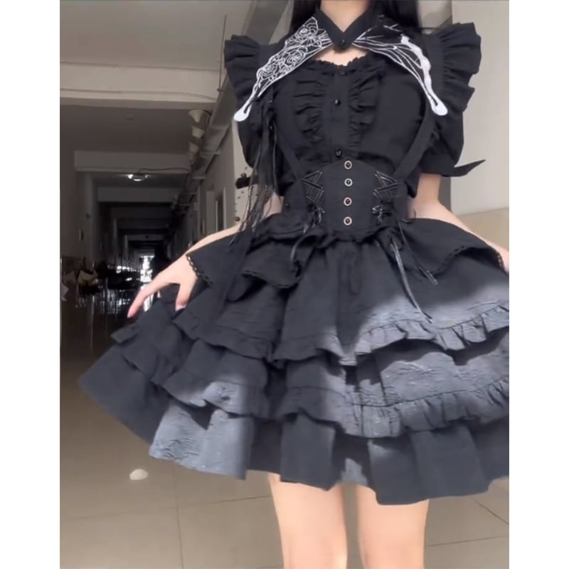 Goth Lolita Black SK Gothic Lolita Fishbone Lolita Straps Short Sleeve Cake Skirt Lolita Dress Black