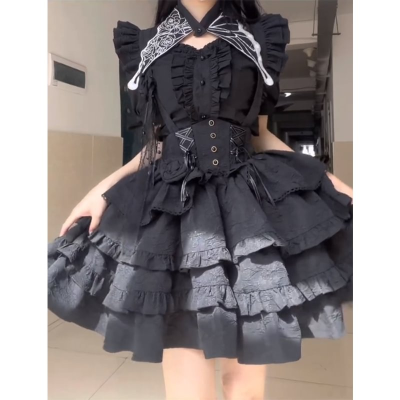 Goth Lolita Black SK Gothic Lolita Fishbone Lolita Straps Short Sleeve Cake Skirt Lolita Dress Black