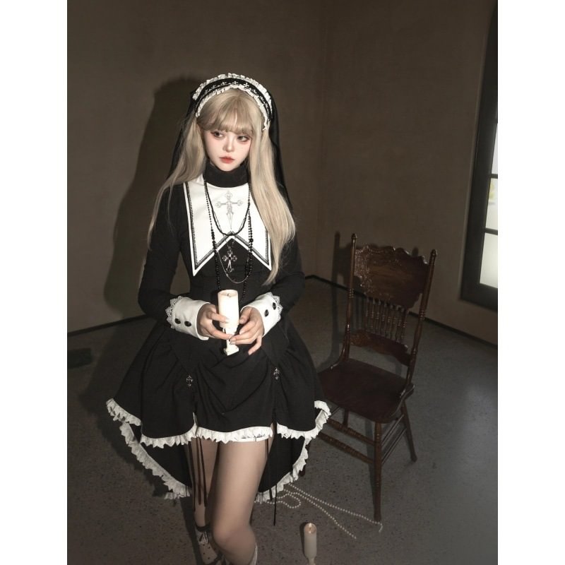Goth Lolita Dark Black Printed Cross Tail Two-piece Set Dress for Halloween