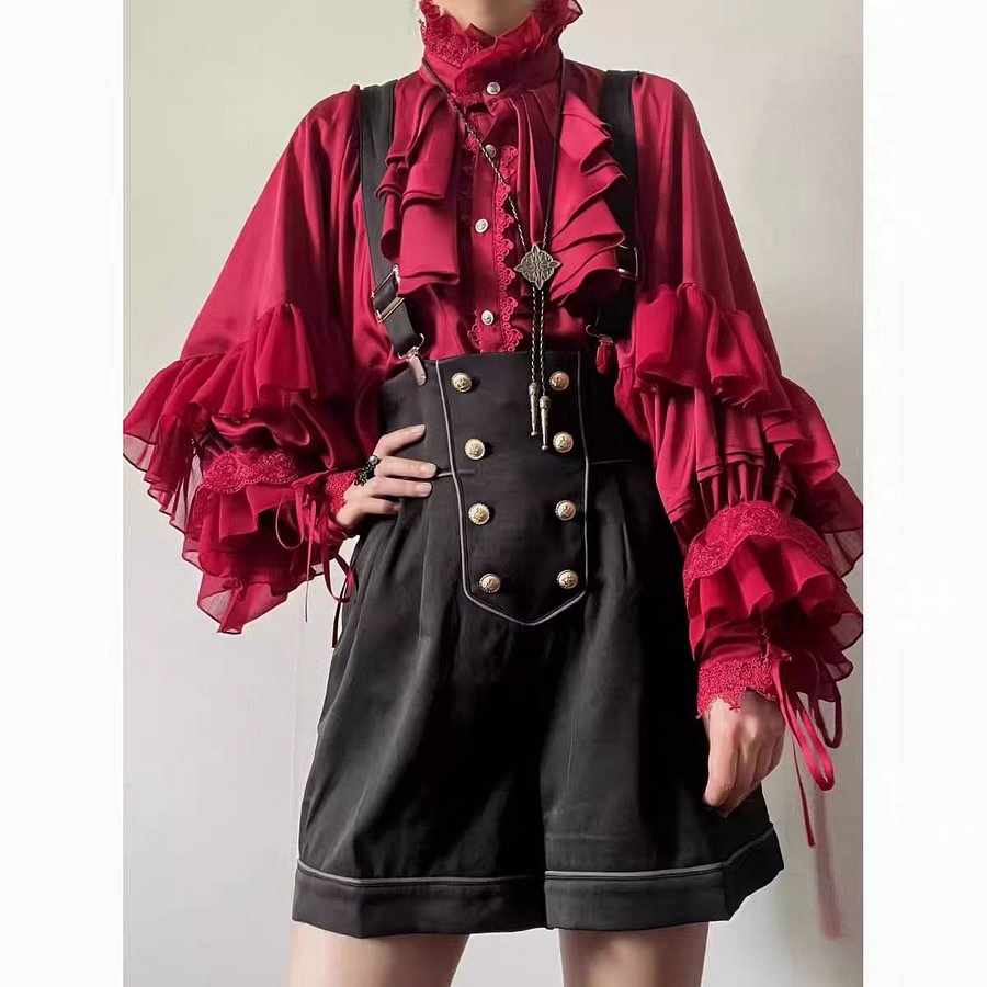 Goth Lolita Dark Gothic Shirt Bat Sleeve Loose Lolita Spring and Autumn Red Black Shirt Blouse