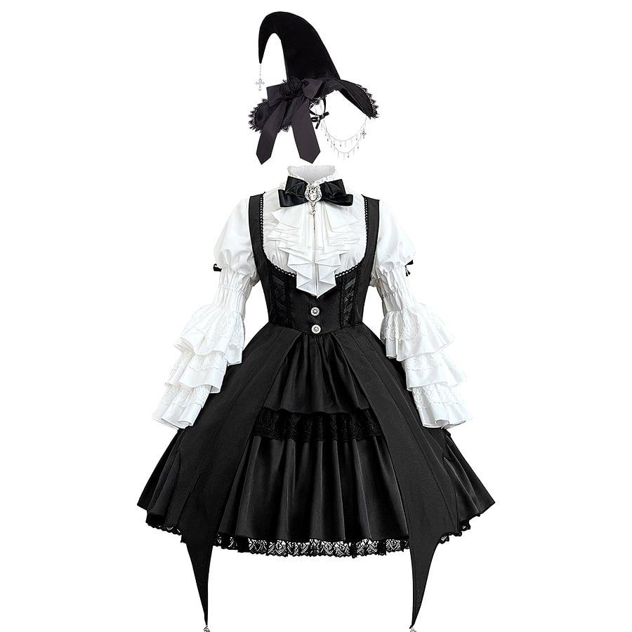 Goth Lolita Dress Girl Magic Dark Black White Wind Daily Dress OP Long Sleeve Strap Skirt Set
