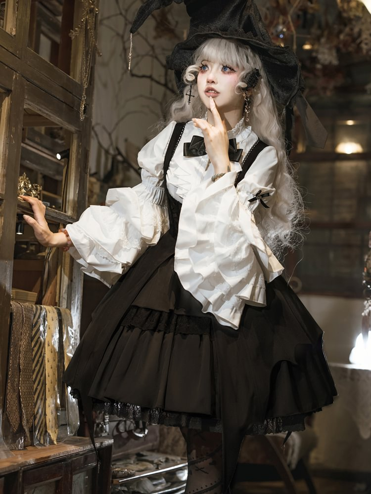 Goth Lolita Dress Girl Magic Dark Black White Wind Daily Dress OP Long Sleeve Strap Skirt Set