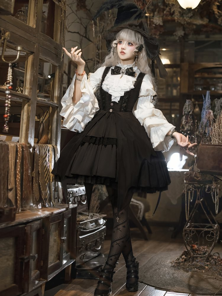 Goth Lolita Dress Girl Magic Dark Black White Wind Daily Dress OP Long Sleeve Strap Skirt Set