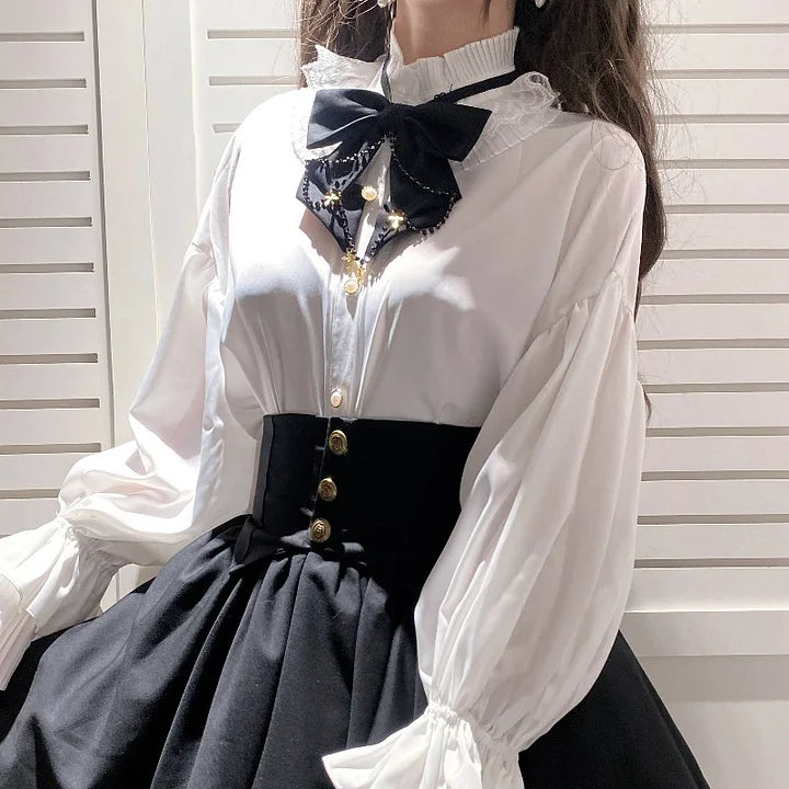 Goth Lolita Fashion Vintage Gothic White Irregular Black Mesh Skirt Two-piece Autumn Set Lolita Dresses Blouse Shirt