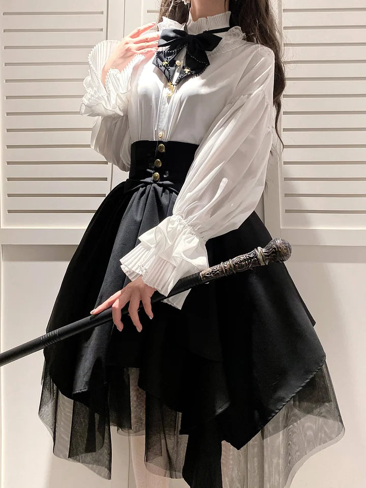 Goth Lolita Fashion Vintage Gothic White Irregular Black Mesh Skirt Two-piece Autumn Set Lolita Dresses Blouse Shirt