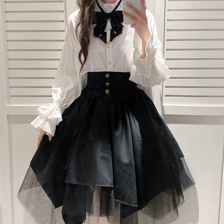 Goth Lolita Fashion Vintage Gothic White Irregular Black Mesh Skirt Two-piece Autumn Set Lolita Dresses Blouse Shirt