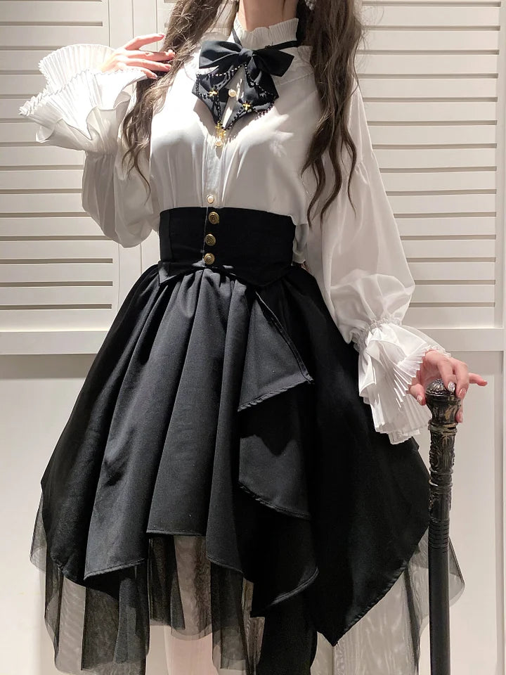 Goth Lolita Fashion Vintage Gothic White Irregular Black Mesh Skirt Two-piece Autumn Set Lolita Dresses Blouse Shirt