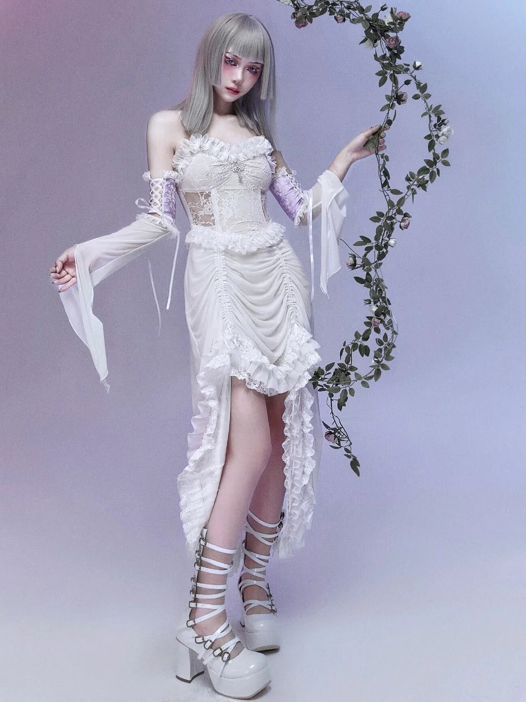 Goth Lolita Pale Lace Dress Silver Sweet Ruffles Dark Fantasy Undertones