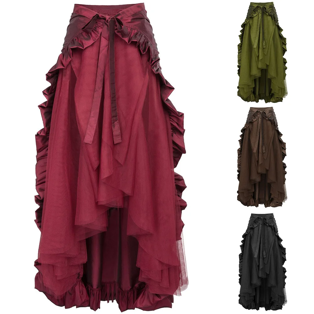 Goth Lolita Red American Victorian Retro Denim Pleated Skirt Ruffle Edge Lace Pirate Skirt