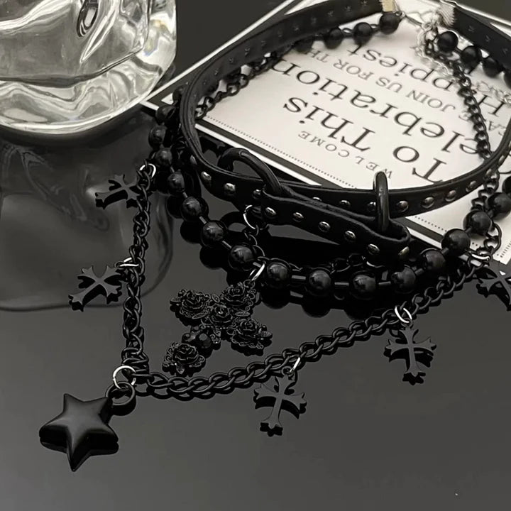 Gothic Black Necklace Belt Buckle Lolita Accessory Cross Star Chocker