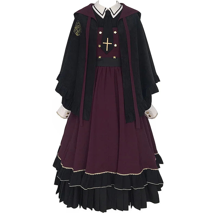 Gothic Dark Pleated Skirt OP Autumn Fake Two-piece Large Skirt Lolita
