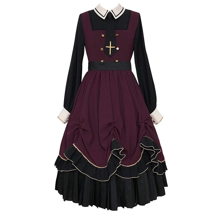 Gothic Dark Pleated Skirt OP Autumn Fake Two-piece Large Skirt Lolita