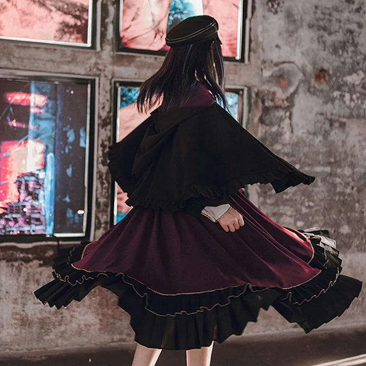 Gothic Dark Pleated Skirt OP Autumn Fake Two-piece Large Skirt Lolita