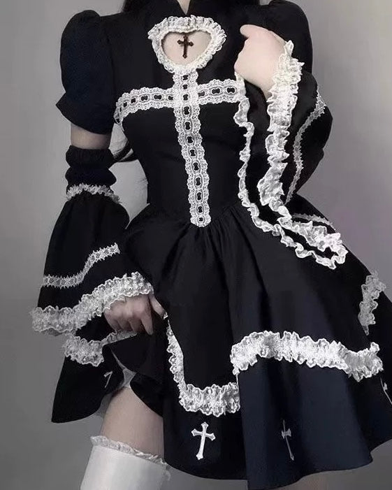 Gothic Lolita Black Subculture Cross Halloween y2k Hot Girl One Piece Dress