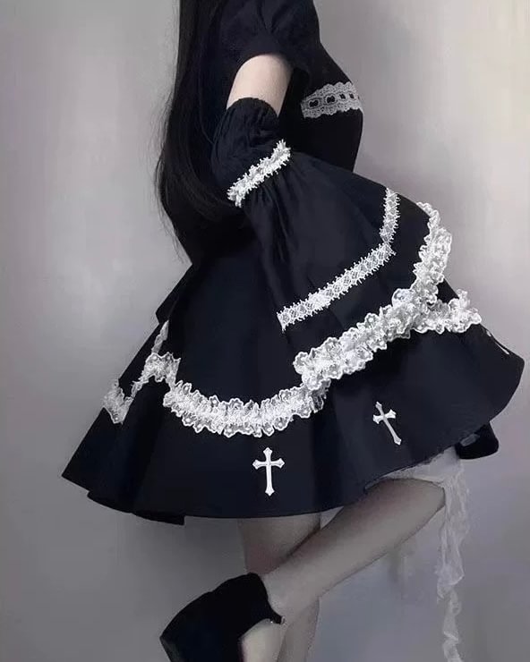 Gothic Lolita Black Subculture Cross Halloween y2k Hot Girl One Piece Dress