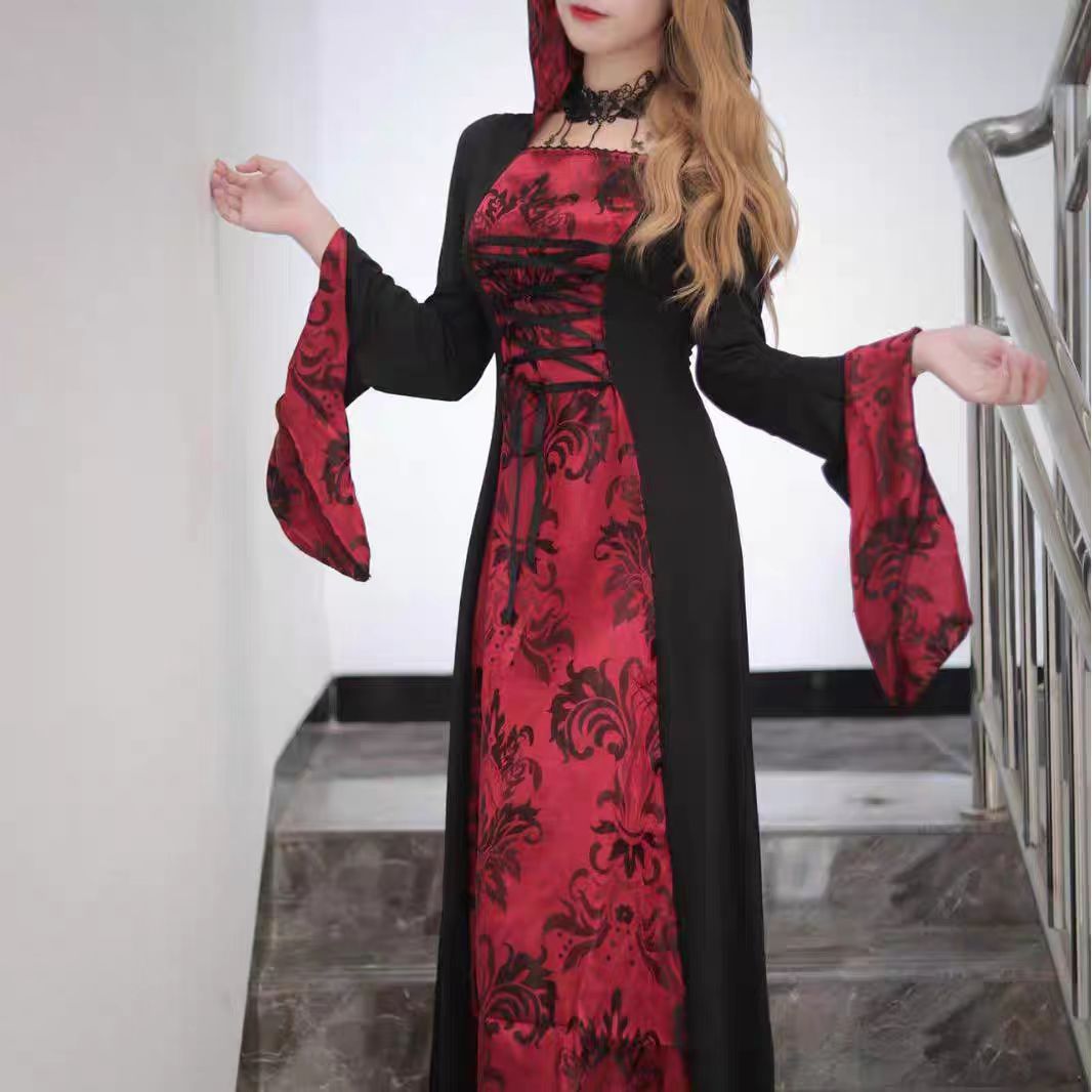 Gothic Lolita Blood Red Queen Cape Dress Red Vampire Maid Robe for Halloween Gothic Cosplay