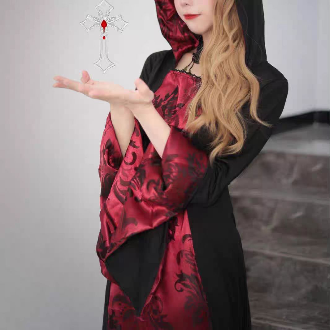Gothic Lolita Blood Red Queen Cape Dress Red Vampire Maid Robe for Halloween Gothic Cosplay