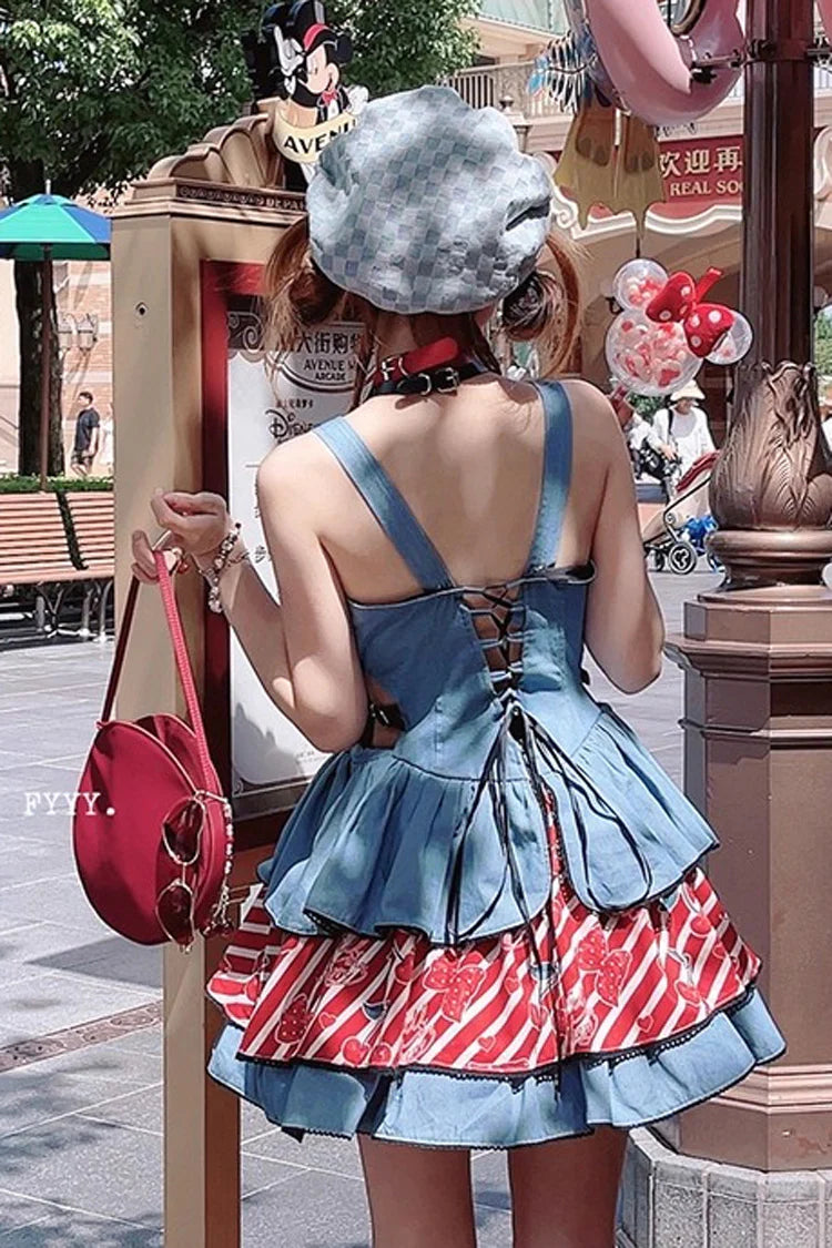 The Blue Black Denim Lolita JSK Dress blends Japanese vintage charm with sweet Lolita elegance. Designed with a sleeveless cut and triple-layer ruffles, it creates a graceful, voluminous silhouette. The denim texture adds a retro touch, while delicate prints and bowknot accents enhance its playful femininity. Perfect for daily styling, tea parties, or themed gatherings, this dress combines casual charm with timeless Lolita refinement, offering both versatility and beauty.