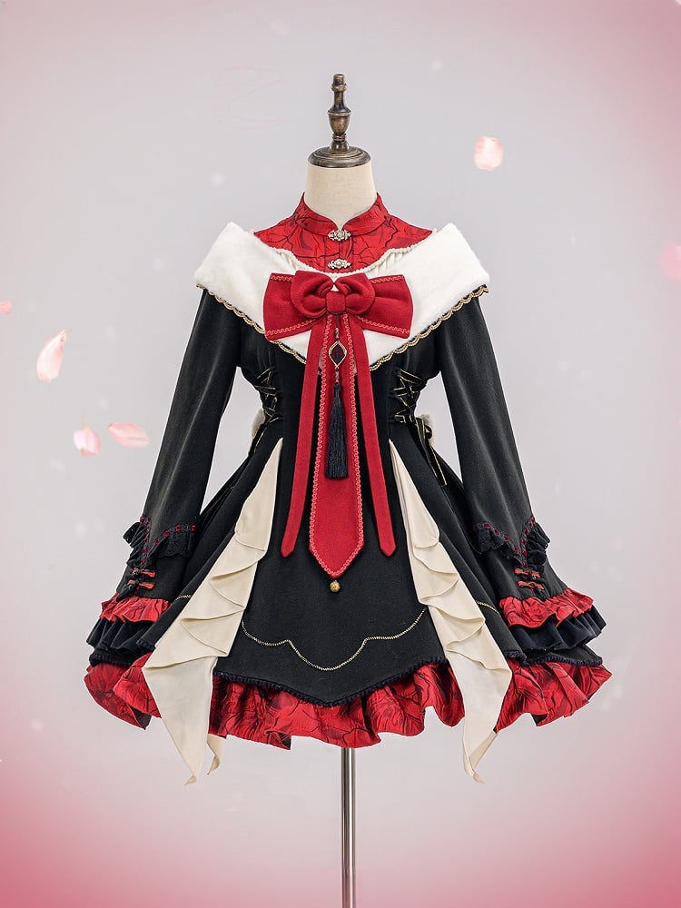 The Classic Black Red Lapel Collar Lolita Maid OP Dress captures a refined balance of elegance and playful sweetness. Its structured lapel collar, paired with charming bowknot details, highlights a delicate maid-inspired aesthetic. Long sleeves and layered ruffles enhance both comfort and volume, while the timeless black palette makes it versatile for multiple occasions. Perfect for tea parties, daily outings, or themed gatherings, this OP dress embodies classic Lolita grace with a touch of maid allure.