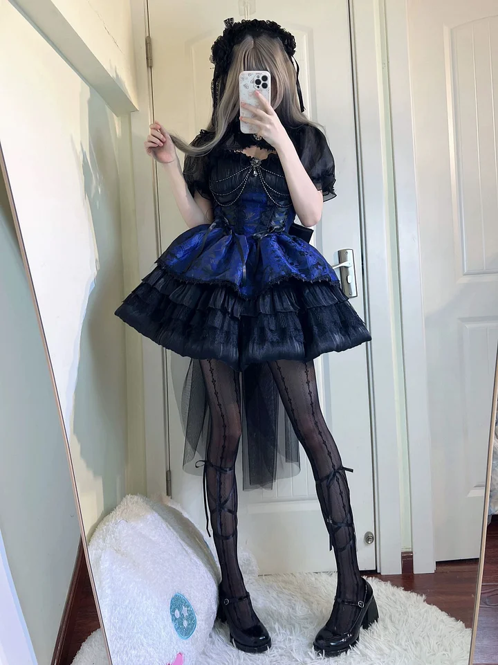 Gothic Lolita Dark Pink Blue Strap Cake Dress Ruffles Jumper Skirt Ball Gown Jacquard