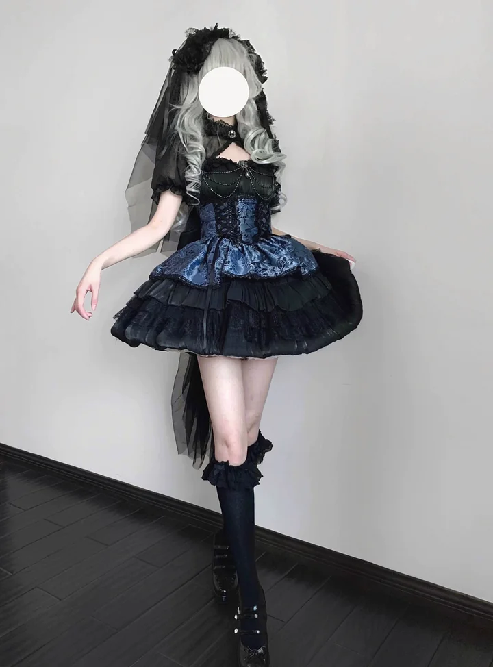 Gothic Lolita Dark Pink Blue Strap Cake Dress Ruffles Jumper Skirt Ball Gown Jacquard