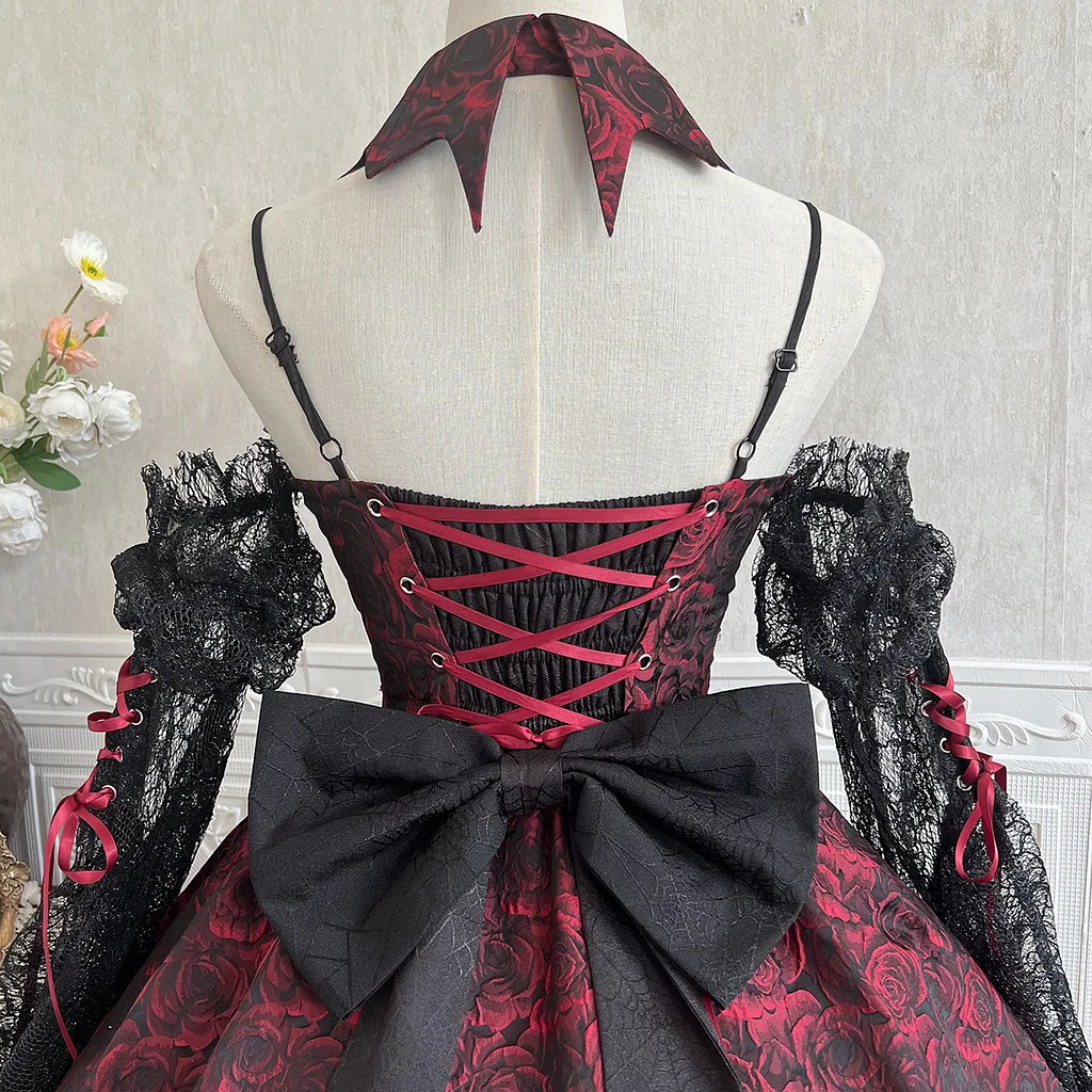 Gothic Lolita Dark Wind Black Red Rose Jacquard Gorgeous JSK Dress Halloween Costume Vampire