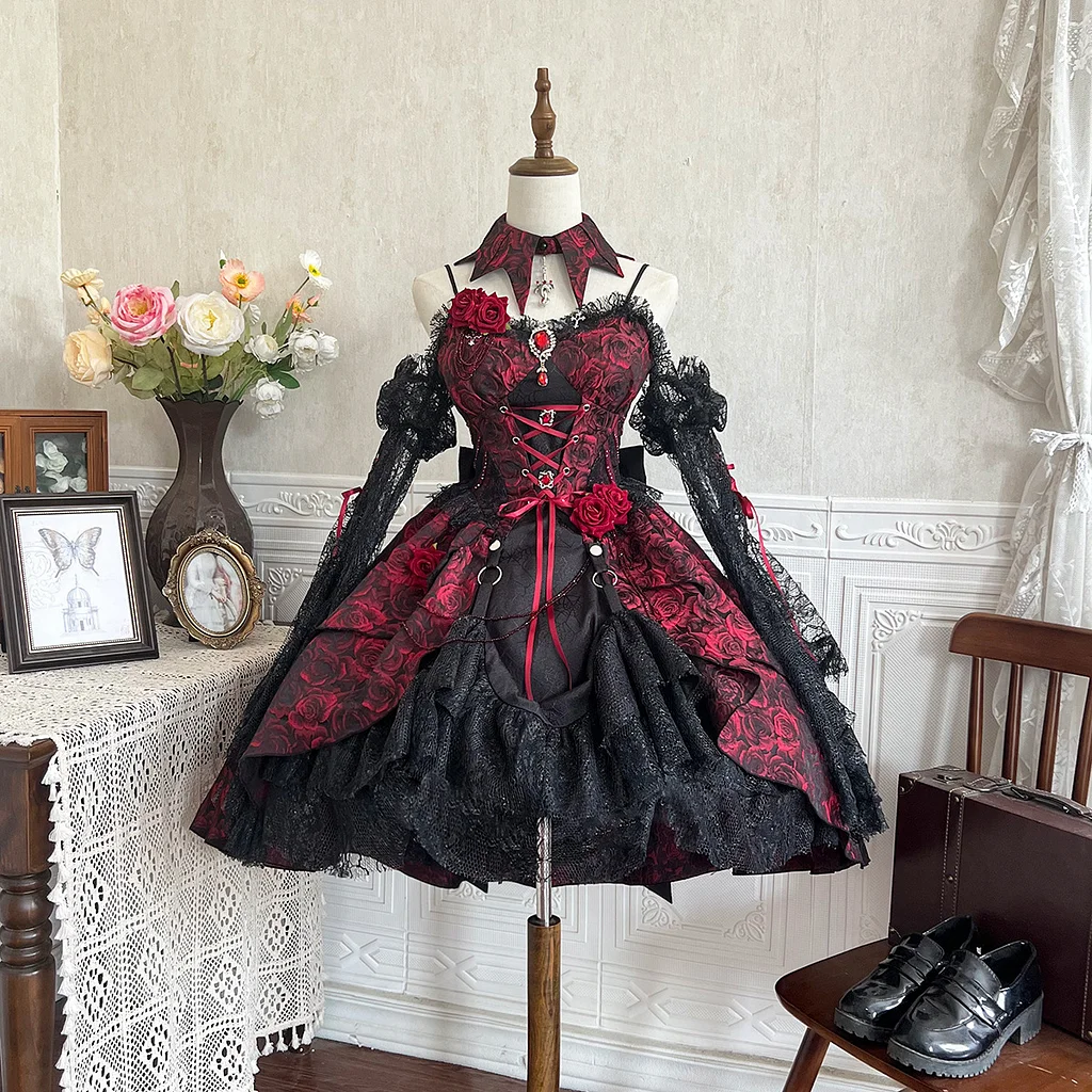 Gothic Lolita Dark Wind Black Red Rose Jacquard Gorgeous JSK Dress Halloween Costume Vampire