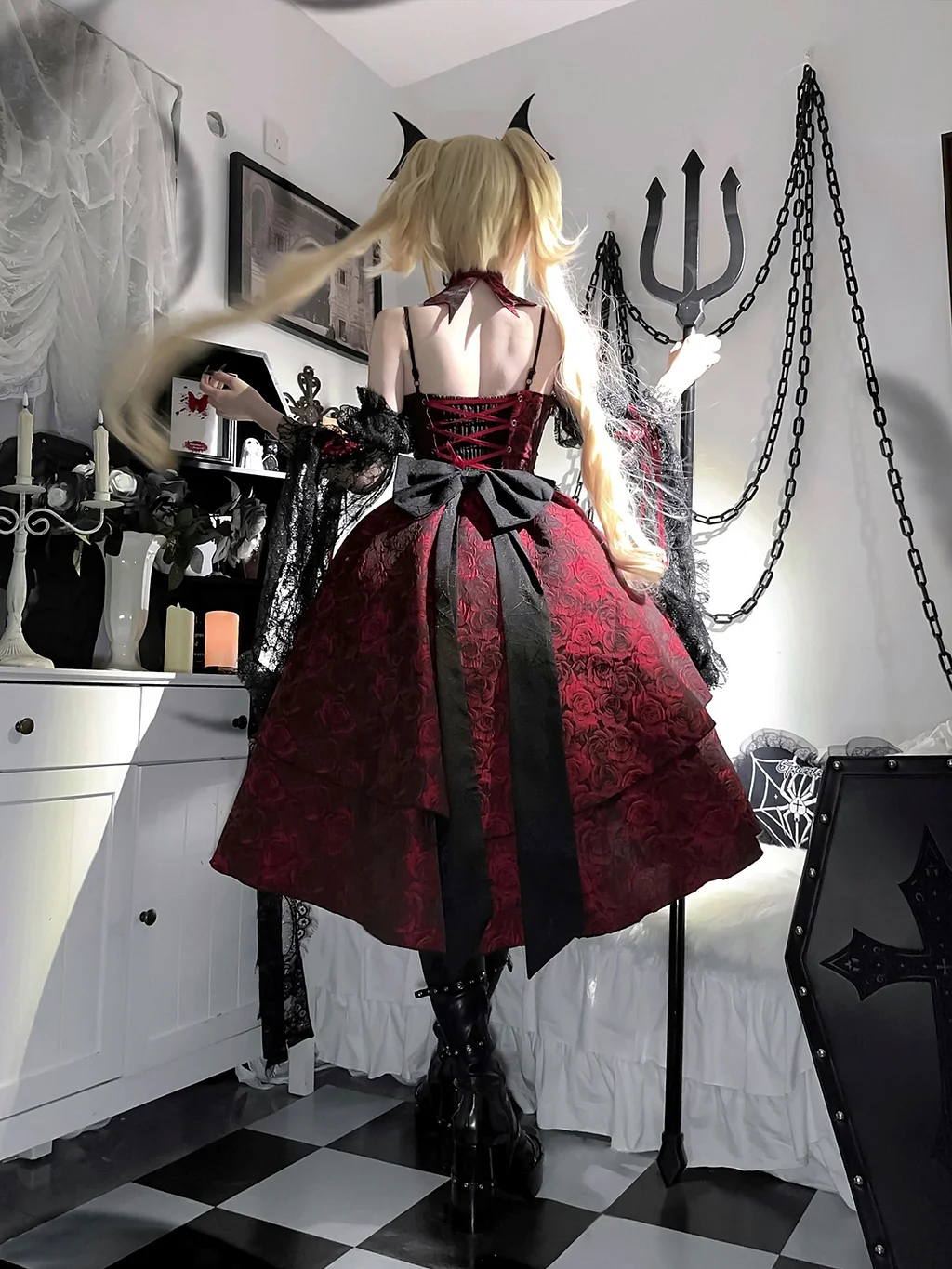 Gothic Lolita Dark Wind Black Red Rose Jacquard Gorgeous JSK Dress Halloween Costume Vampire