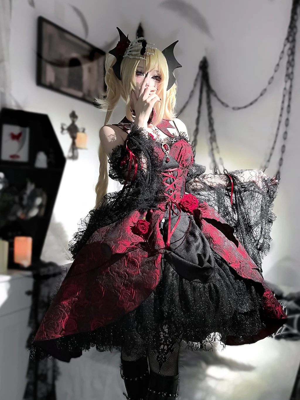 Gothic Lolita Dark Wind Black Red Rose Jacquard Gorgeous JSK Dress Halloween Costume Vampire