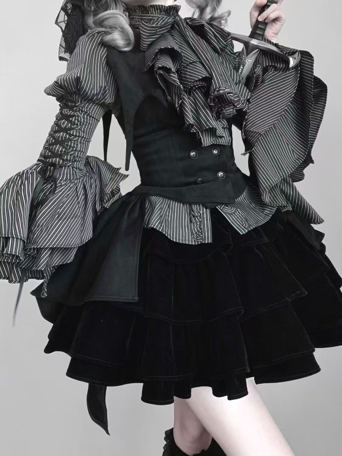 Gothic Lolita Dress Black Set Stripe Ruffled Top with Short Skirt