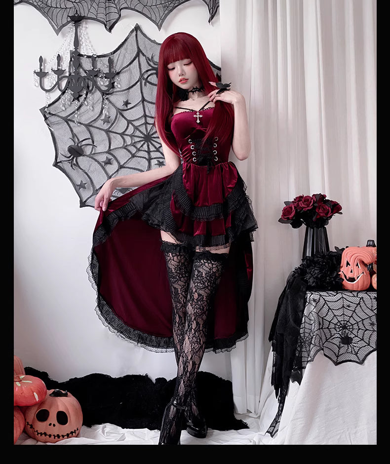 Design Concept:
This Gothic Lolita dress set in red features a fishtail hem and delicate lace detailing, capturing the dark, dramatic elegance of a vampire bride. Perfect for Halloween, cosplay events, or themed performances, this set includes the dress plus full accessories, creating a complete Gothic ensemble. Full accessories include: headpiece, neckpiece, socks, petticoat, long elf ears, and dress.