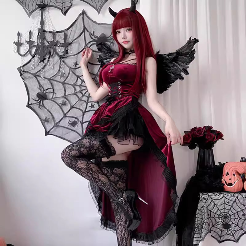 Design Concept:
This Gothic Lolita dress set in red features a fishtail hem and delicate lace detailing, capturing the dark, dramatic elegance of a vampire bride. Perfect for Halloween, cosplay events, or themed performances, this set includes the dress plus full accessories, creating a complete Gothic ensemble. Full accessories include: headpiece, neckpiece, socks, petticoat, long elf ears, and dress.