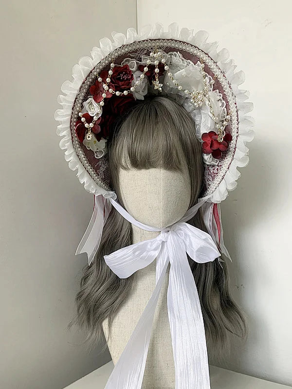 Gothic Lolita Gorgeous Court Style Bonnet BNT Hat Elegant Tea Party Pearl Lace