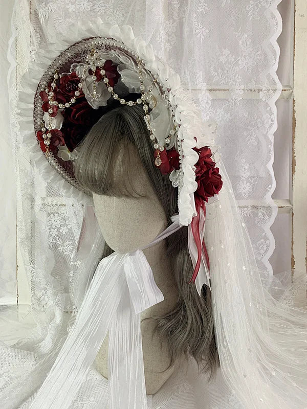 Gothic Lolita Gorgeous Court Style Bonnet BNT Hat Elegant Tea Party Pearl Lace